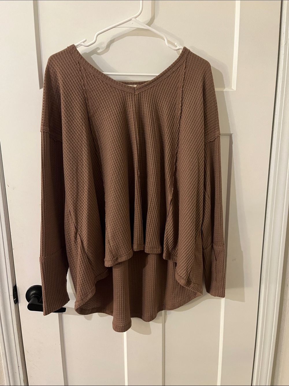 Altar'd State Brown Waffle-Knit Drop-Shoulder Long Sleeve Top